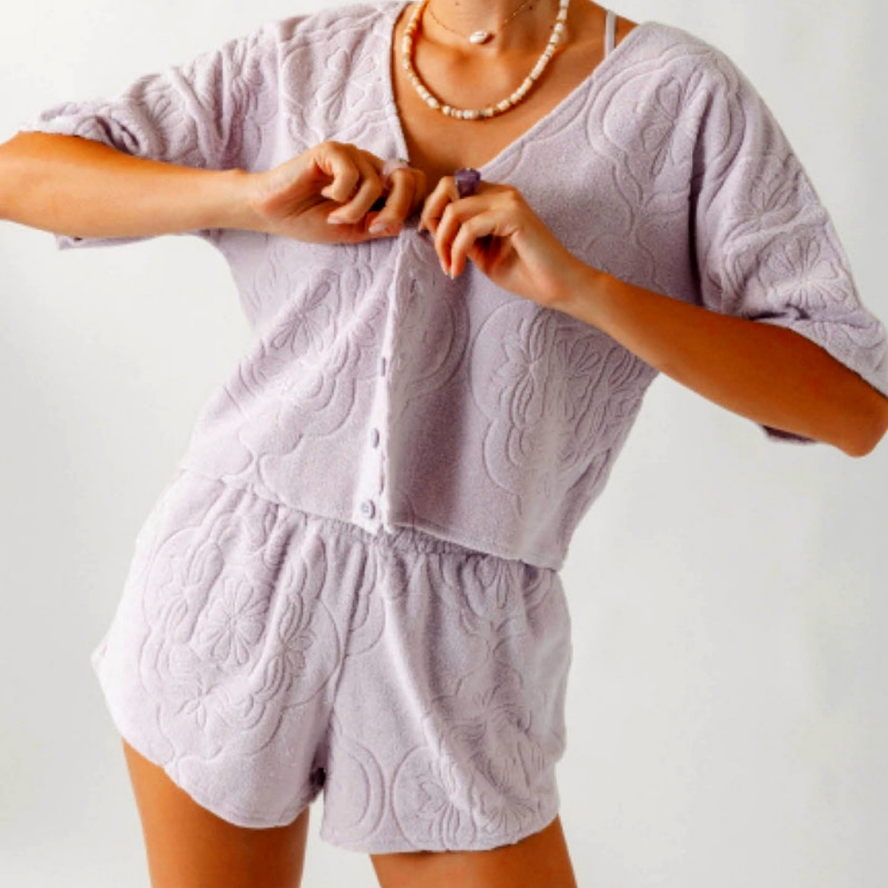 O'Neill Terry Cloth Button Up Shirt & Short Set Lilac Purple Flower Print